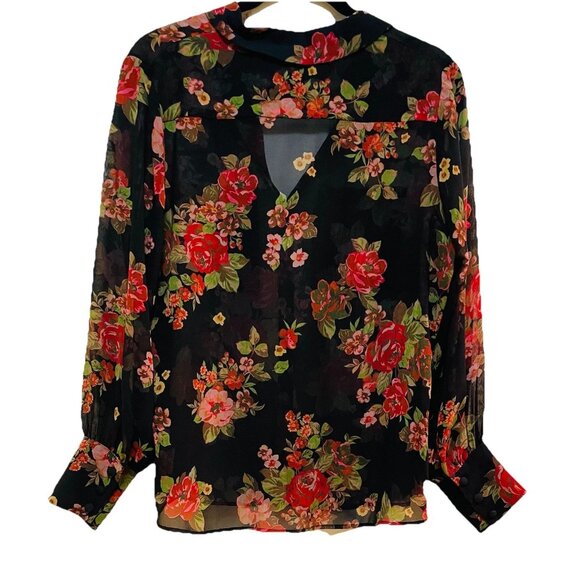 ZARA Black Floral Sheer Long Sleeve V-neck Shirt Sz M - Picture 8 of 8